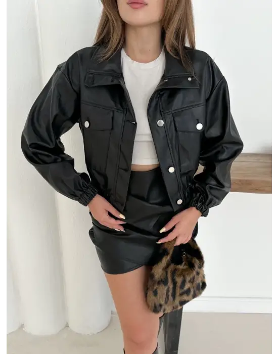 Crop bomber deri ceket siyah st2551985