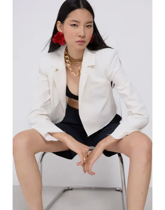 Crop Keten Blazer Ceket