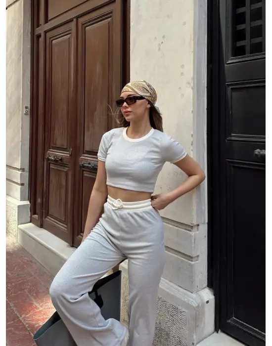 Crop pantolon biyeli takım gri