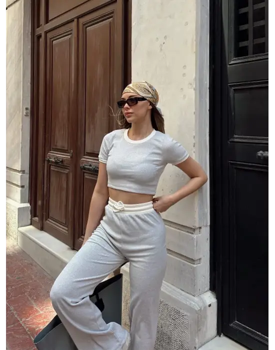 Omarı Trendy Gri Crop Pantolon Takımı