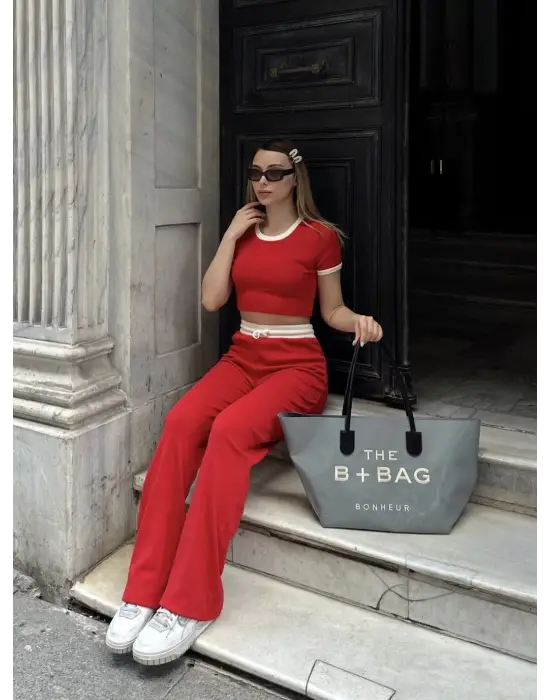 Crop pantolon biyeli takım kırmızı