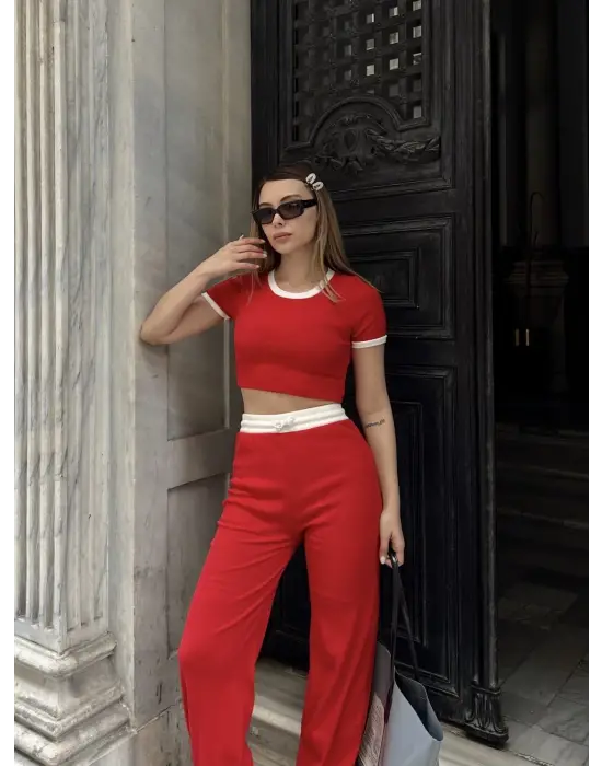 Crop pantolon biyeli takım kırmızı