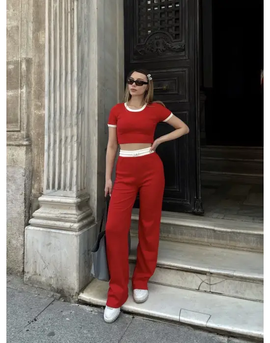Crop pantolon biyeli takım kırmızı