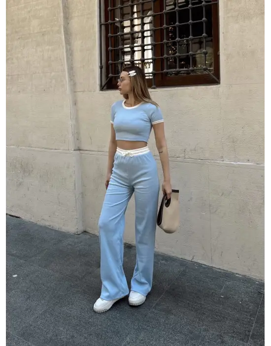 Crop pantolon biyeli takım mavi