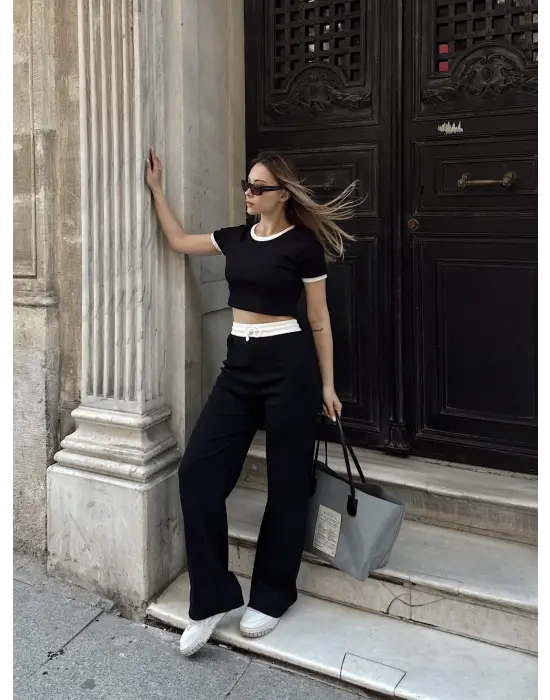 Crop pantolon biyeli takım siyah