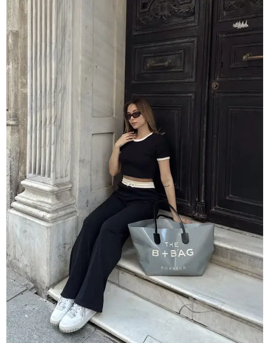 Crop pantolon biyeli takım siyah