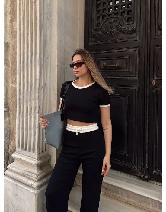 Crop pantolon biyeli takım siyah