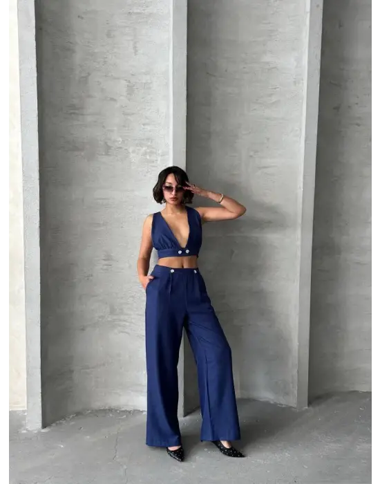 Omarı Keten Crop Pantolon Takımı