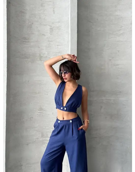 Omarı Keten Crop Pantolon Takımı