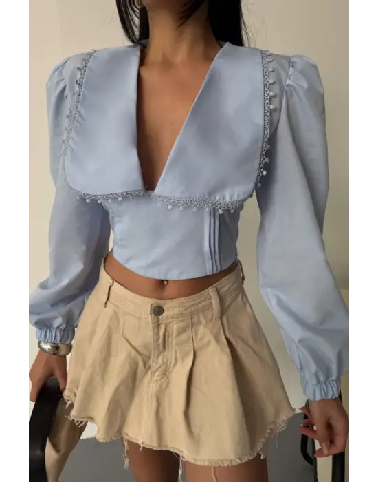 Omarı Dantel Detaylı Crop Poplin Gömlek - Bebe Mavi