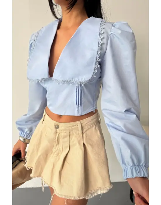 Omarı Dantel Detaylı Crop Poplin Gömlek - Bebe Mavi