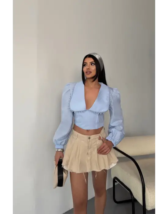 Omarı Dantel Detaylı Crop Poplin Gömlek - Bebe Mavi