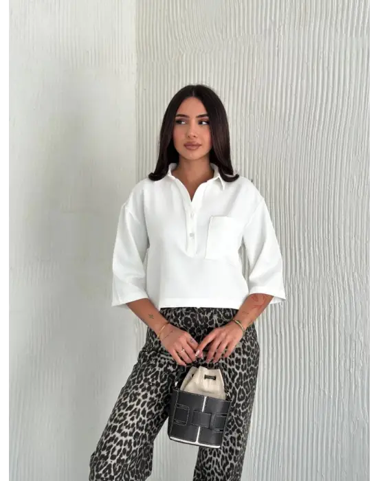 Crop Yakalı Gömlek Üç Çeyrek Sleeve Kol - Beyaz
