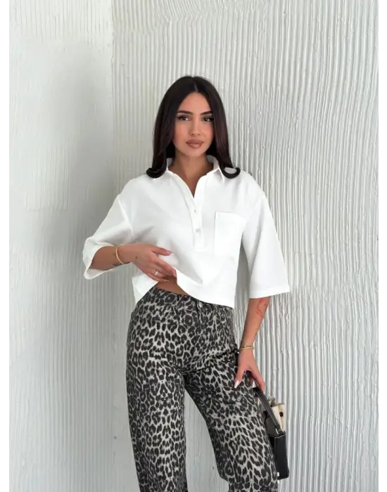 Crop Yakalı Gömlek Üç Çeyrek Sleeve Kol - Beyaz