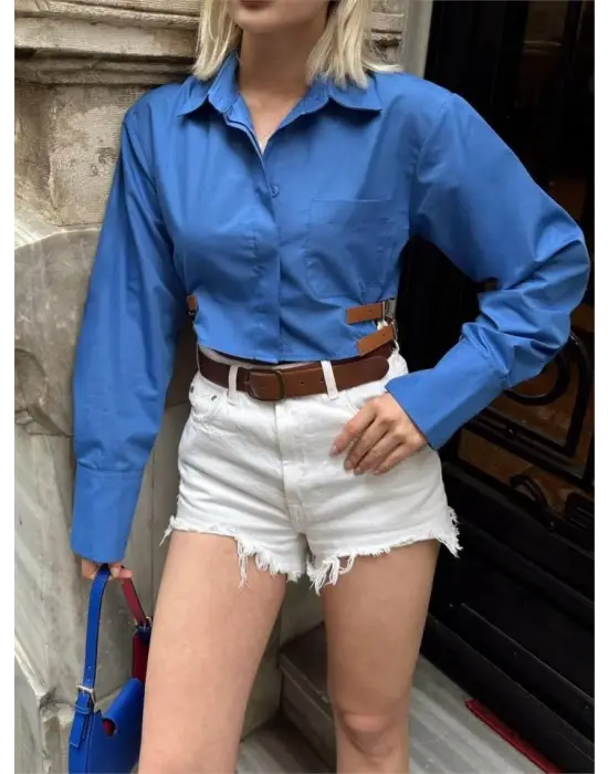 Omarı Mavi Crop Gömlek Yan Çift Kemer Detaylı Moda Parçası