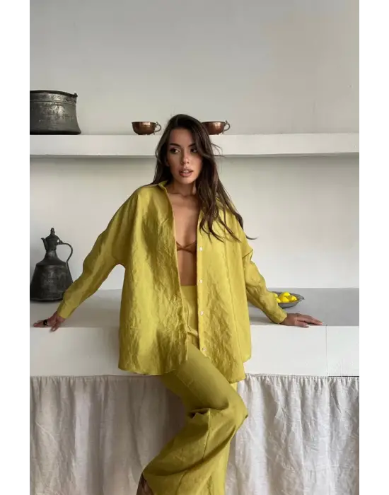 Omarı Cupra Kumaş Gömlek Pantolon Takım - Trend Renk Yağ Yeşili