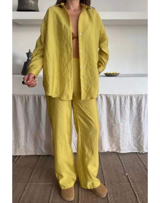 Omarı Cupra Kumaş Gömlek Pantolon Takım - Trend Renk Yağ Yeşili