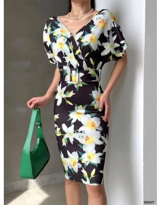 Omarı Çiçek Desenli Kadın Kalem Elbise