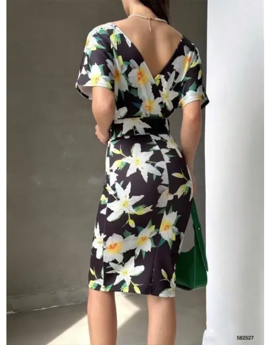 Omarı Çiçek Desenli Kadın Kalem Elbise