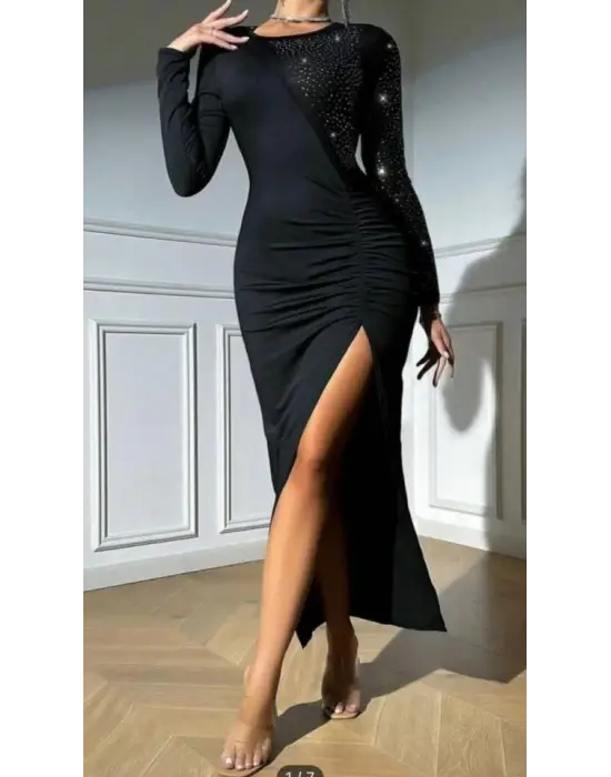 Omarı Elegan Taş Aksesuarlı Yırtmaç Detaylı Elbise