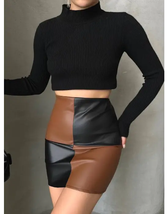 Çarpıcı Damalı Deri Etek - Siyah Kahve