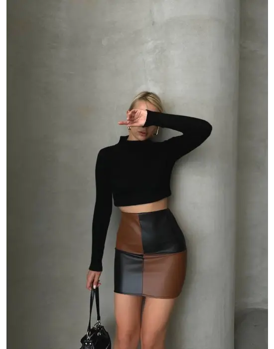 Damalı deri etek siyah kahve w24648