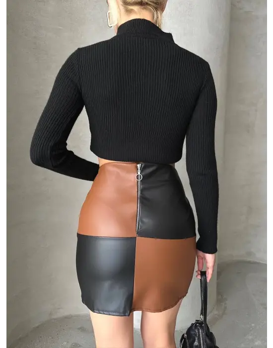 Çarpıcı Damalı Deri Etek - Siyah Kahve