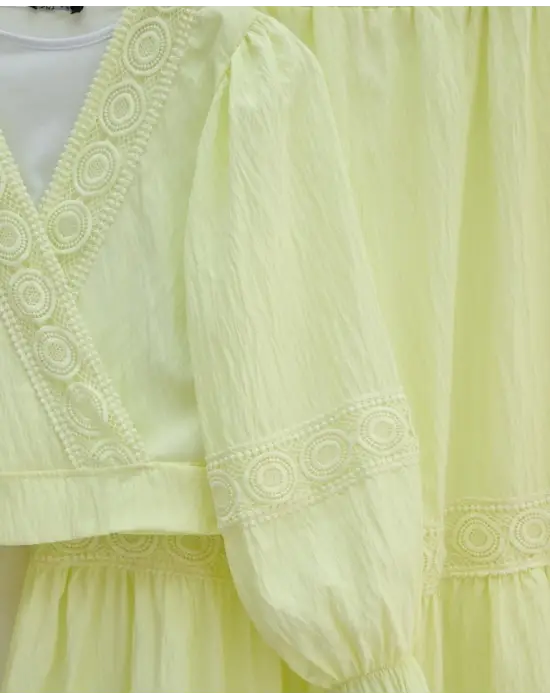 Dantel Detaylı Bağlamalı Kolu Lastikli Kraş Etekli Takım  -Açık Sarı