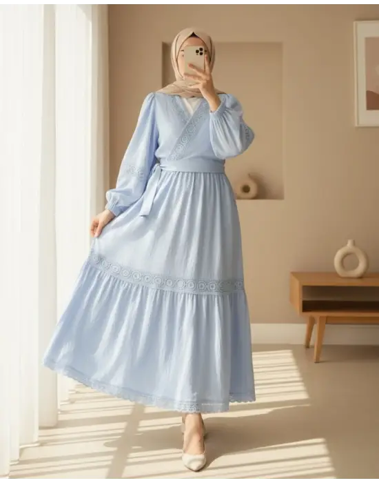 Dantel Detaylı Bağlamalı Kolu Lastikli Kraş Etekli Takım  -Bebe Mavi