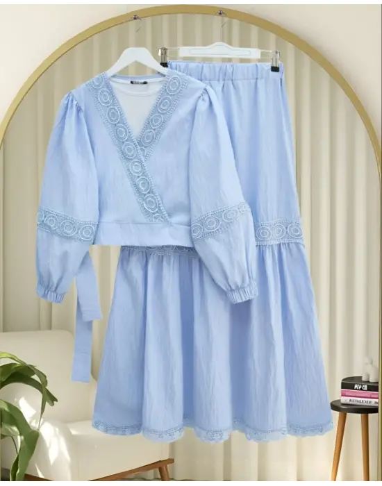 Dantel Detaylı Bağlamalı Kolu Lastikli Kraş Etekli Takım  -Bebe Mavi