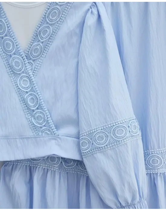 Dantel Detaylı Bağlamalı Kolu Lastikli Kraş Etekli Takım  -Bebe Mavi