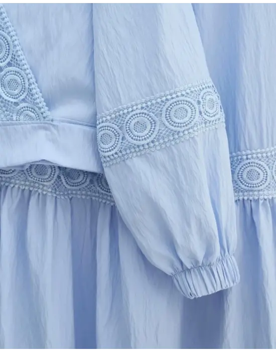 Dantel Detaylı Bağlamalı Kolu Lastikli Kraş Etekli Takım  -Bebe Mavi