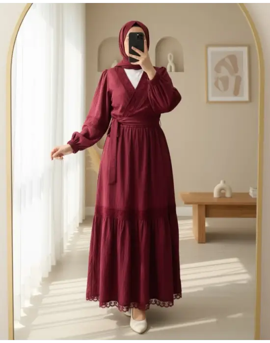 Dantel Detaylı Bağlamalı Kolu Lastikli Kraş Etekli Takım  -Bordo