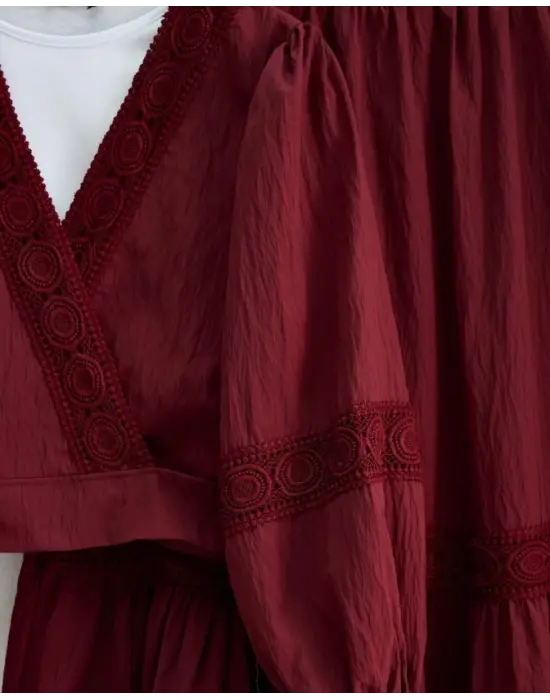 Dantel Detaylı Bağlamalı Kolu Lastikli Kraş Etekli Takım  -Bordo