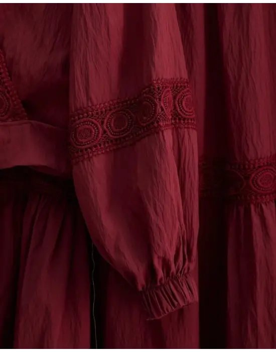 Dantel Detaylı Bağlamalı Kolu Lastikli Kraş Etekli Takım  -Bordo