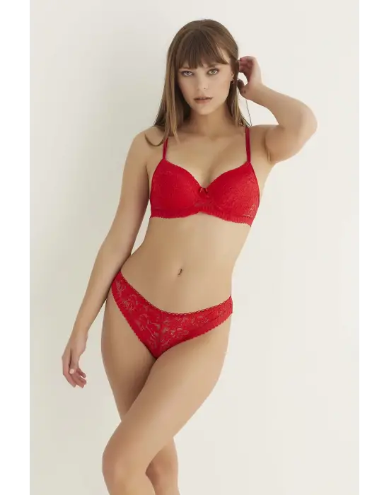 Omarı Dantel Detaylı Kırmızı Slip ve Sütyen Takımı