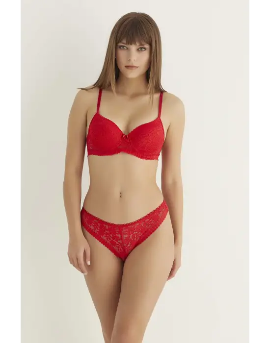 Omarı Dantel Detaylı Kırmızı Slip ve Sütyen Takımı