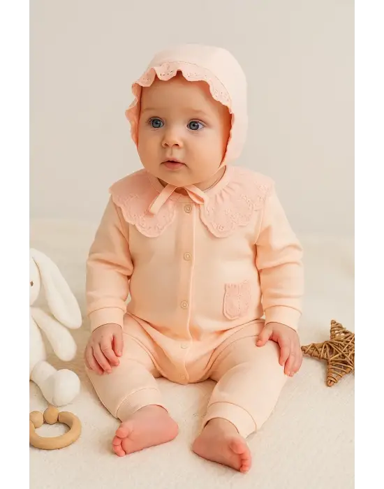Dantel Yaka Fisto Detaylı Kız Bebek Tulum %100 Pamuk