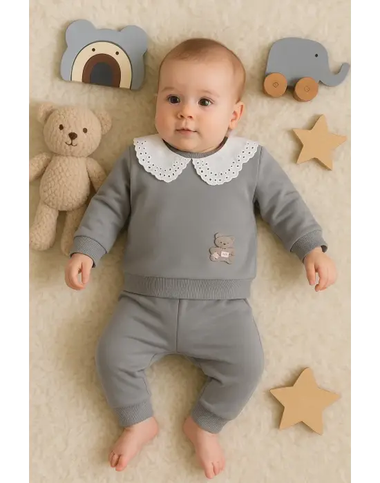 Dantel Yakalı Pamuklu 2li Kız Bebek Takımı