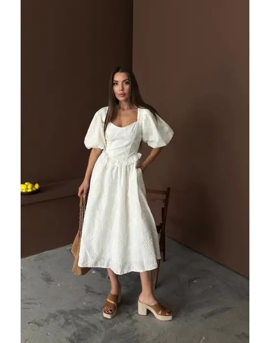 Omarı Dantelli Ekru Balon Kollu Elbise