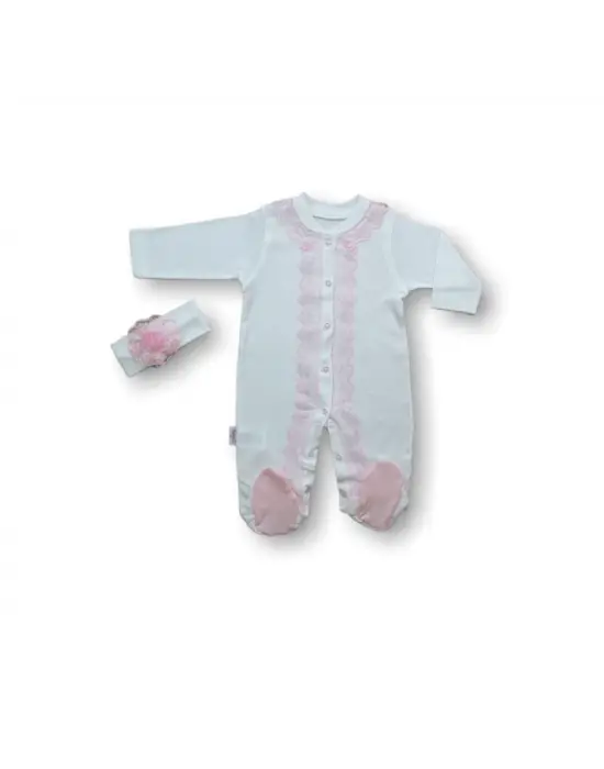 Omarı Sevimli Dantelli Bandanalı Kız Bebek Tulumu - Ekru