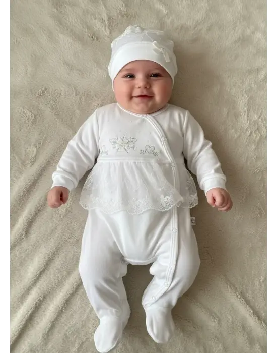 Dantelli Çiçek Nakışlı Kız Bebek Tulum %100 Pamuk