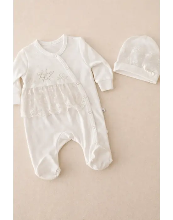 Dantelli Çiçek Nakışlı Kız Bebek Tulum %100 Pamuk