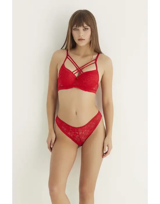 Omarı Çift Çapraz Dantelli Kırmızı Destekli Sütyen Seti