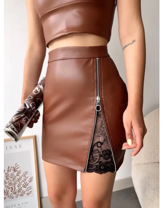 Dantelli fermuarlı deri etek kahve w24598