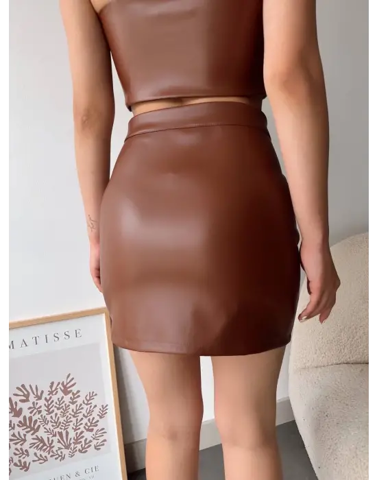 Dantelli fermuarlı deri etek kahve w24598