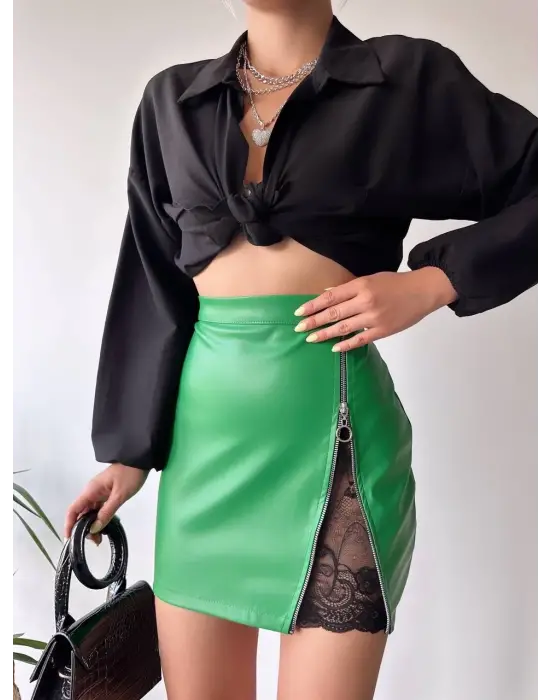 Dantelli fermuarlı deri etek yeşil w24598