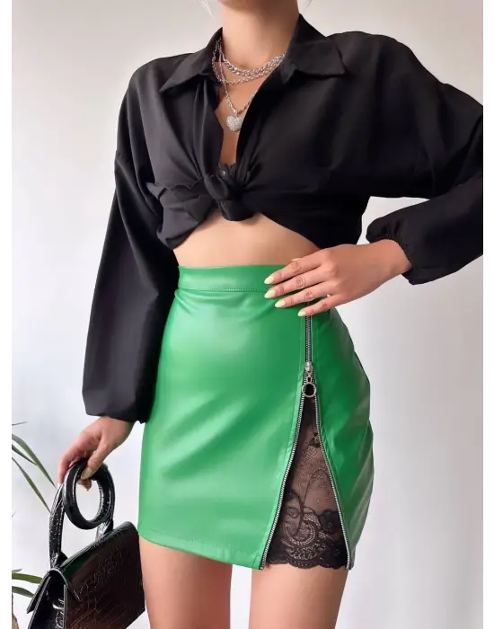 Dantelli fermuarlı deri etek yeşil w24598