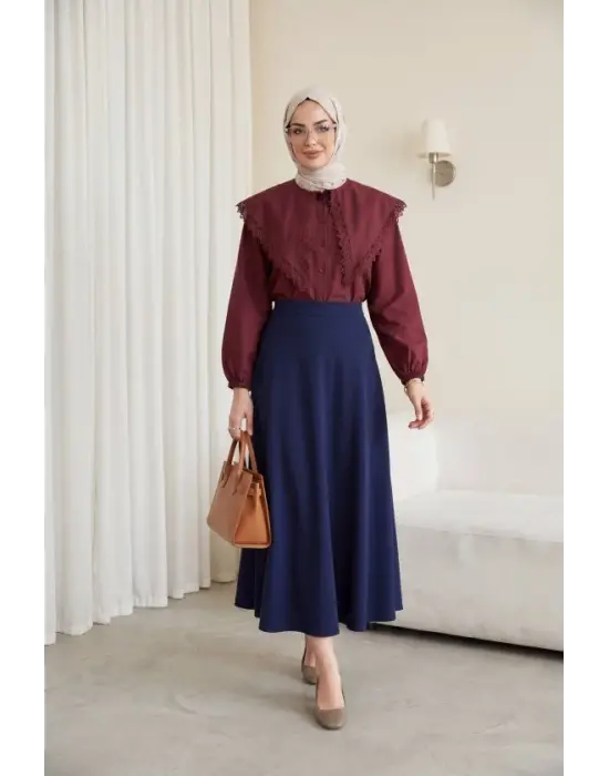 Dantelli Geniş Yakalı Bağcıklı Kolu Lastikli Poplin Gömlek  -Bordo