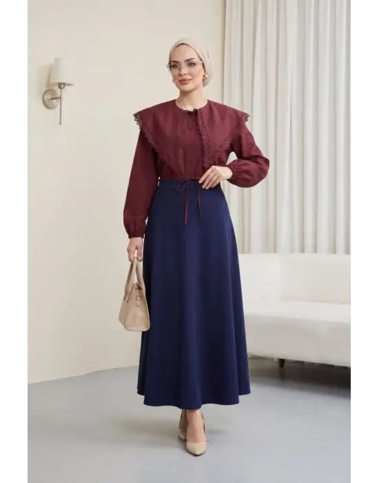 Dantelli Geniş Yakalı Bağcıklı Kolu Lastikli Poplin Gömlek  -Bordo